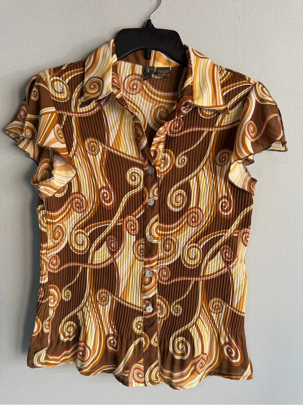 Retro Swirl Brown Yellow Button-Front Women's Top